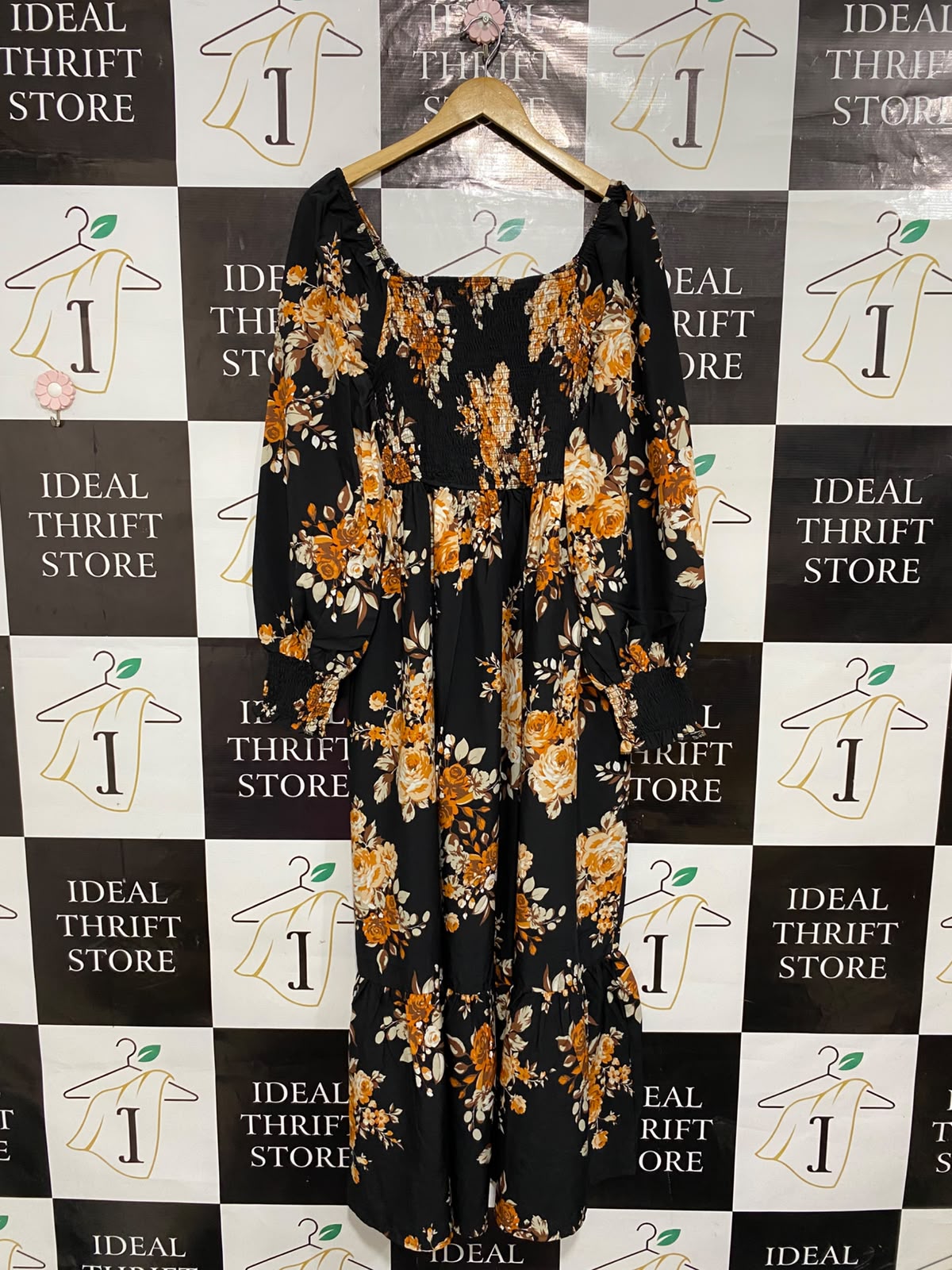 SHEIN CURVE |XL| BUST 16| A24| BLACK AND AMBER ORANGE FLORAL PRINT SMOCKED MIDI DRESS | BOHEMIAN LONG-SLEEVE TIERED GOWN