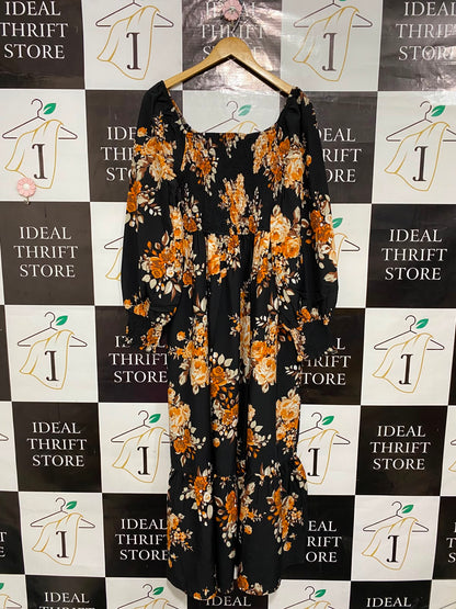 SHEIN CURVE |XL| BUST 16| A24| BLACK AND AMBER ORANGE FLORAL PRINT SMOCKED MIDI DRESS | BOHEMIAN LONG-SLEEVE TIERED GOWN
