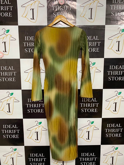 BOOHOO |S| BUST 15| A24| GREEN, YELLOW, AND BROWN ABSTRACT TIE-DYE PLEATED LONG-SLEEVE MIDI DRESS | VINTAGE-INSPIRED BODYCON DRESS