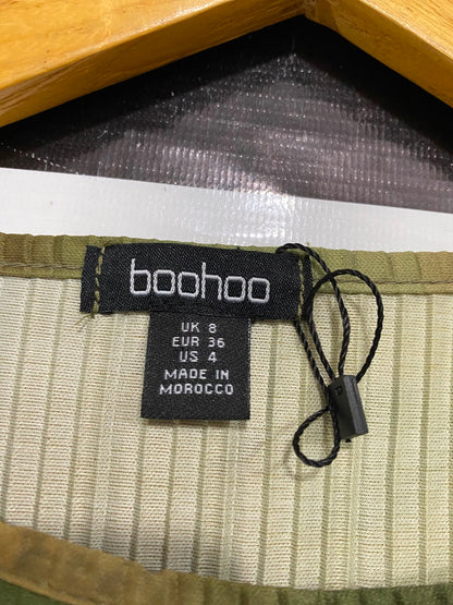 BOOHOO |S| BUST 15| A24| GREEN, YELLOW, AND BROWN ABSTRACT TIE-DYE PLEATED LONG-SLEEVE MIDI DRESS | VINTAGE-INSPIRED BODYCON DRESS