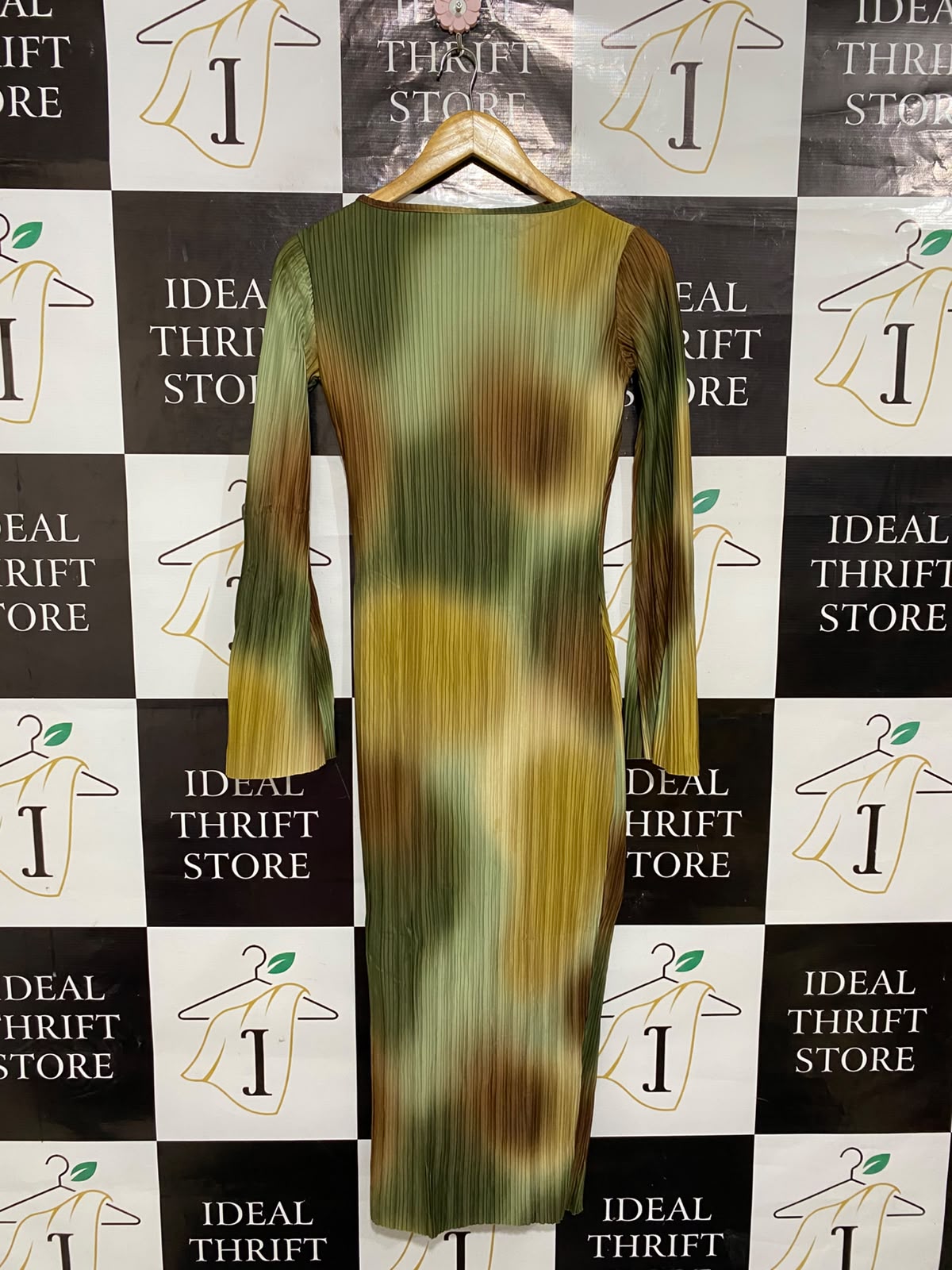 BOOHOO |S| BUST 15| A24| GREEN, YELLOW, AND BROWN ABSTRACT TIE-DYE PLEATED LONG-SLEEVE MIDI DRESS | VINTAGE-INSPIRED BODYCON DRESS