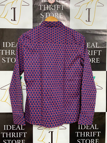 U S POLO ASSN |L| BUST 18| A24| NAVY BLUE AND RED FLORAL PRINT LONG-SLEEVE BUTTON-UP SHIRT | CLASSIC TAILORED BLOUSE