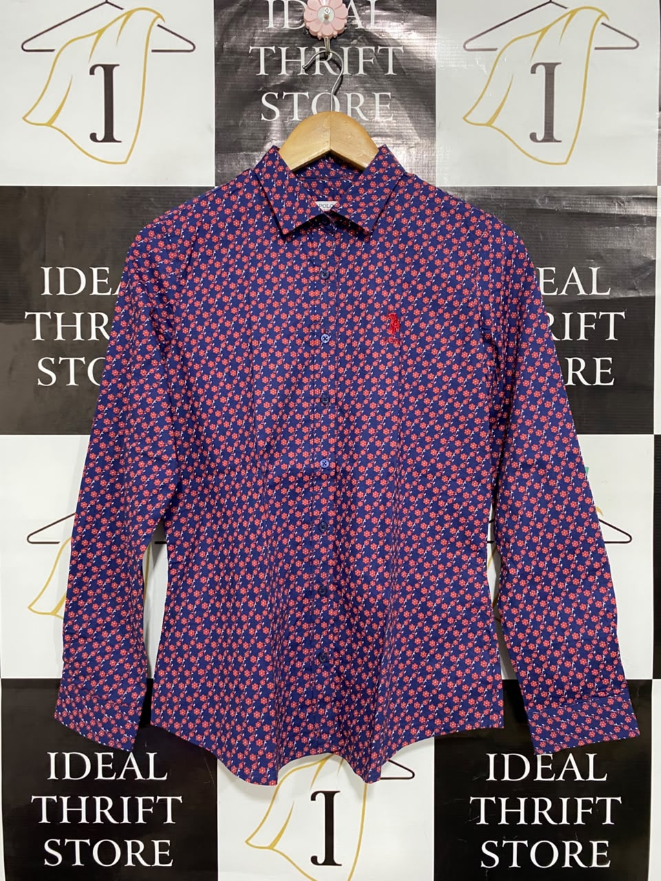 U S POLO ASSN |L| BUST 18| A24| NAVY BLUE AND RED FLORAL PRINT LONG-SLEEVE BUTTON-UP SHIRT | CLASSIC TAILORED BLOUSE