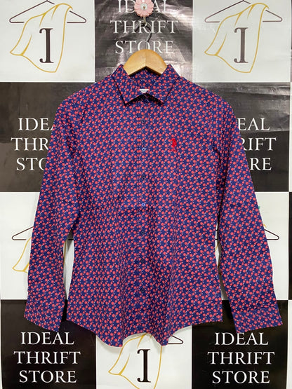 U S POLO ASSN |L| BUST 18| A24| NAVY BLUE AND RED FLORAL PRINT LONG-SLEEVE BUTTON-UP SHIRT | CLASSIC TAILORED BLOUSE
