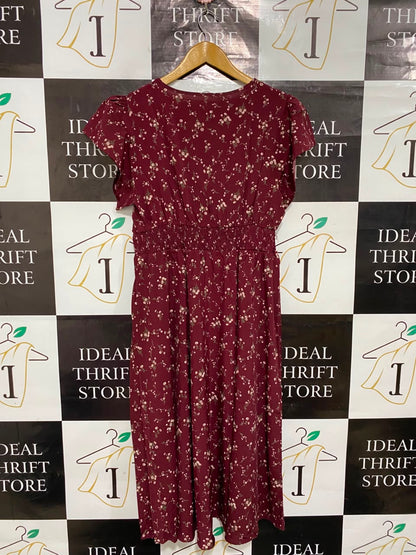 |XL| BUST 18| A24| BURGUNDY AND WHITE FLORAL PRINT V-NECK RUFFLE-SLEEVE MIDI DRESS | ROMANTIC SMOCKED-WAIST SUMMER DRESS