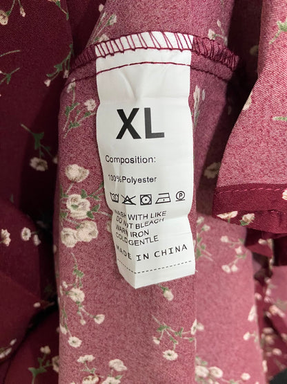 |XL| BUST 18| A24| BURGUNDY AND WHITE FLORAL PRINT V-NECK RUFFLE-SLEEVE MIDI DRESS | ROMANTIC SMOCKED-WAIST SUMMER DRESS