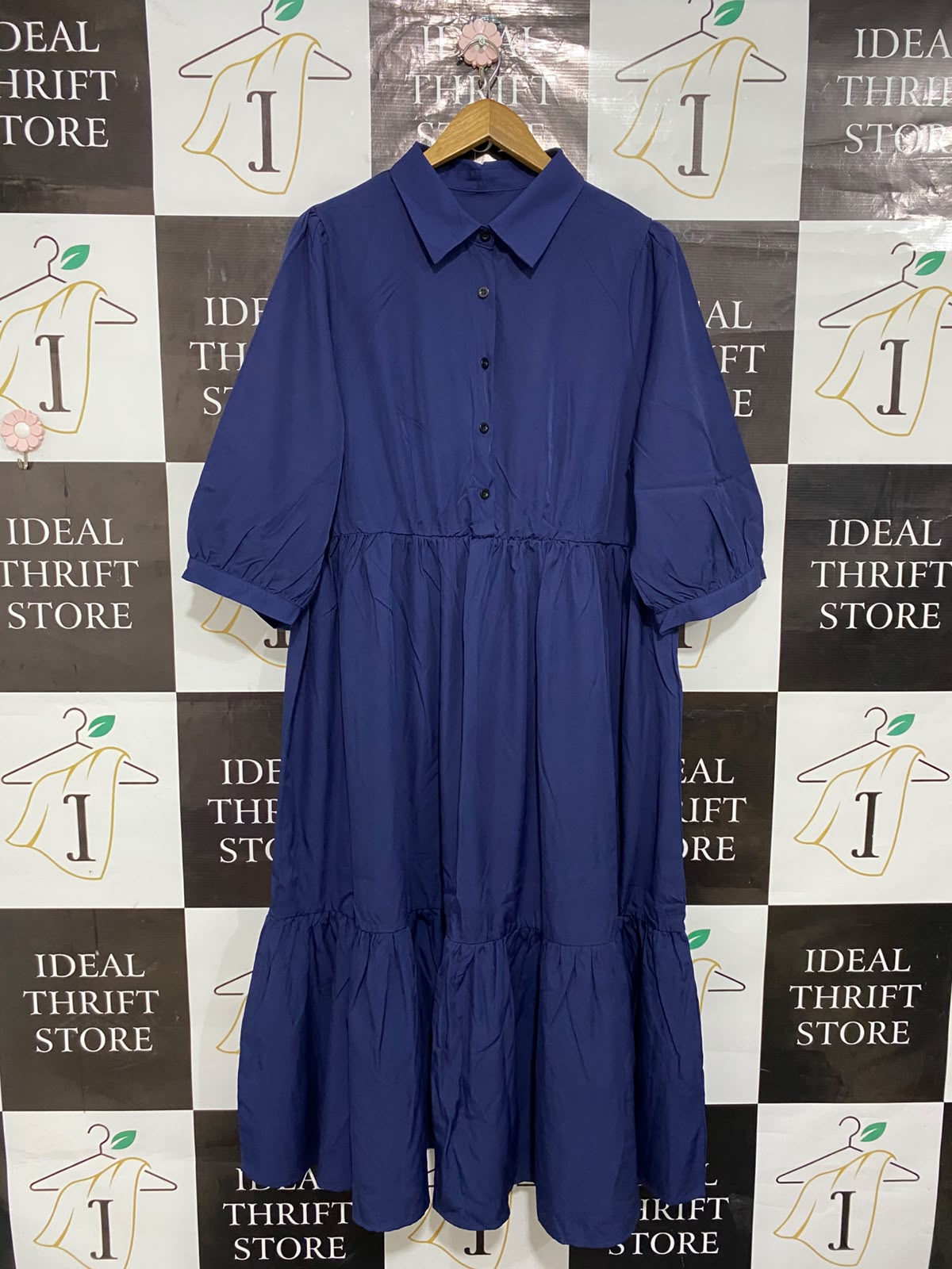 SHEIN CURVE |XL| BUST 22| A24| ROYAL BLUE COLLARED BUTTON-UP TIERED MIDI SHIRT DRESS | ELEGANT HALF-SLEEVE DRESS