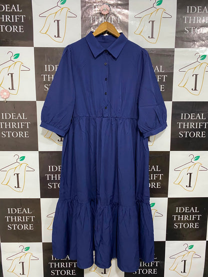 SHEIN CURVE |XL| BUST 22| A24| ROYAL BLUE COLLARED BUTTON-UP TIERED MIDI SHIRT DRESS | ELEGANT HALF-SLEEVE DRESS