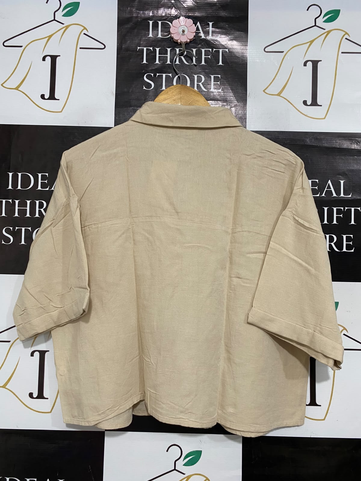 PRIMARK CARES |L| BUST 22| A24| BEIGE OVERSIZED SHORT-SLEEVE BUTTON-UP SHIRT | CASUAL LINEN-LOOK BLOUSE WITH POCKET
