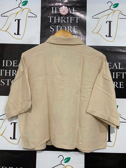 PRIMARK CARES |L| BUST 22| A24| BEIGE OVERSIZED SHORT-SLEEVE BUTTON-UP SHIRT | CASUAL LINEN-LOOK BLOUSE WITH POCKET