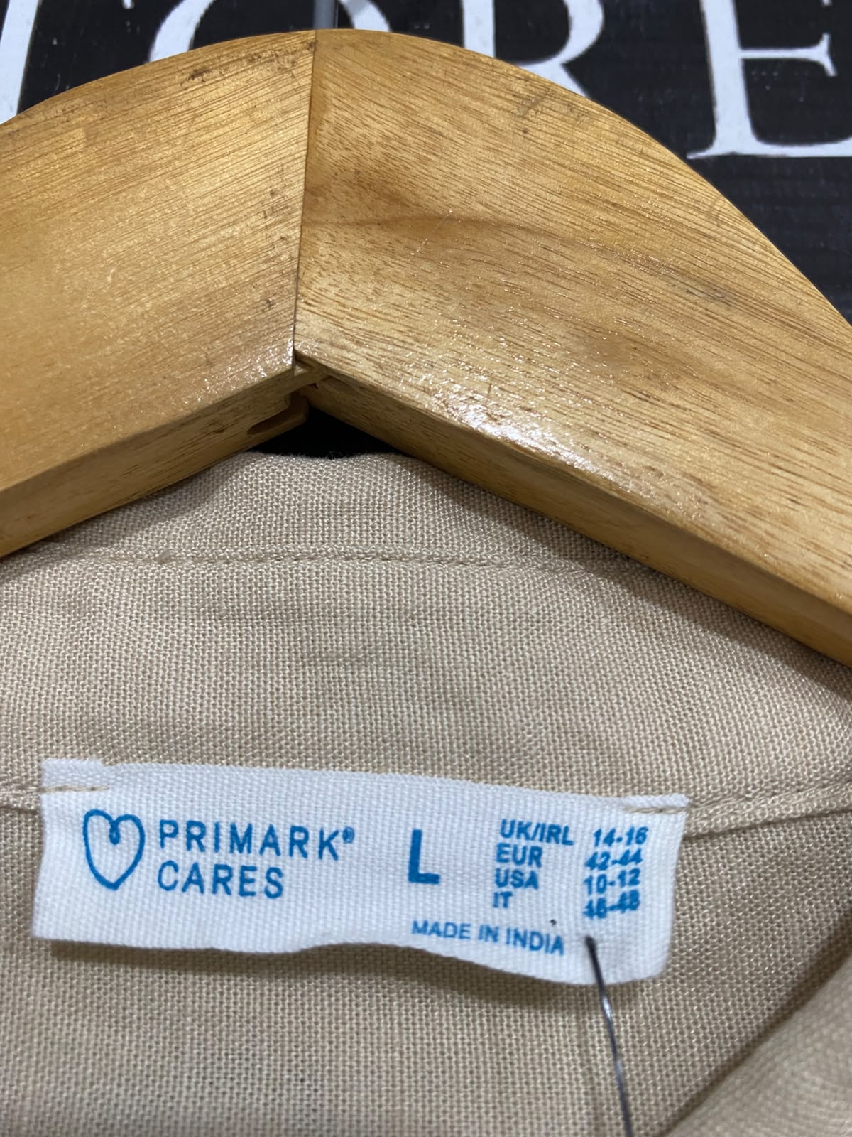 PRIMARK CARES |L| BUST 22| A24| BEIGE OVERSIZED SHORT-SLEEVE BUTTON-UP SHIRT | CASUAL LINEN-LOOK BLOUSE WITH POCKET