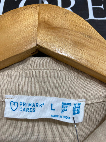 PRIMARK CARES |L| BUST 22| A24| BEIGE OVERSIZED SHORT-SLEEVE BUTTON-UP SHIRT | CASUAL LINEN-LOOK BLOUSE WITH POCKET