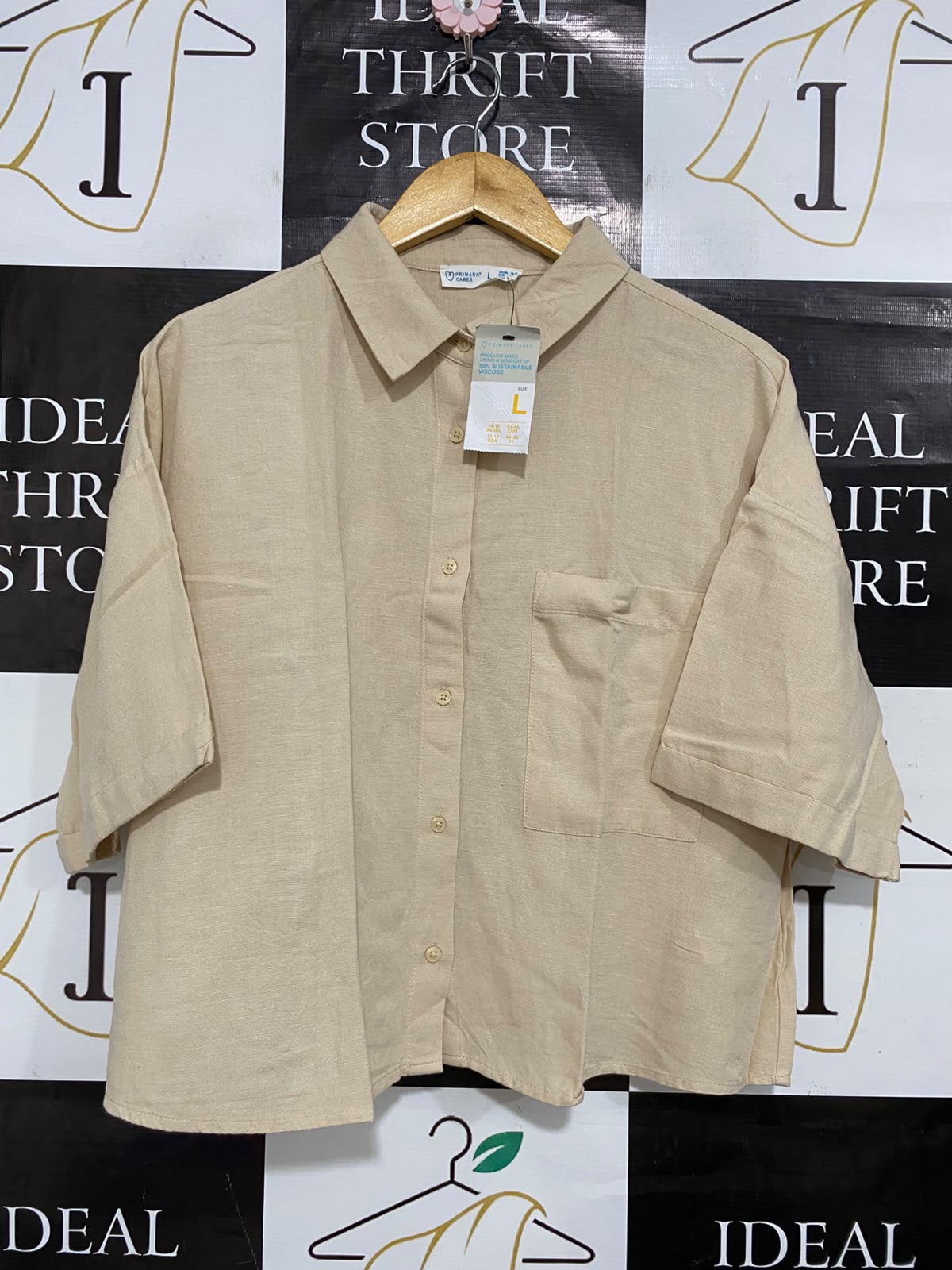 PRIMARK CARES |L| BUST 22| A24| BEIGE OVERSIZED SHORT-SLEEVE BUTTON-UP SHIRT | CASUAL LINEN-LOOK BLOUSE WITH POCKET
