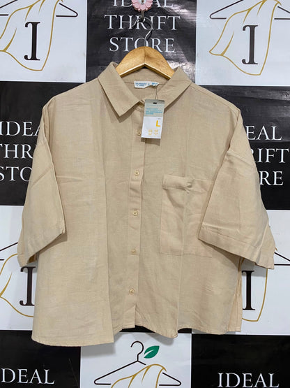 PRIMARK CARES |L| BUST 22| A24| BEIGE OVERSIZED SHORT-SLEEVE BUTTON-UP SHIRT | CASUAL LINEN-LOOK BLOUSE WITH POCKET