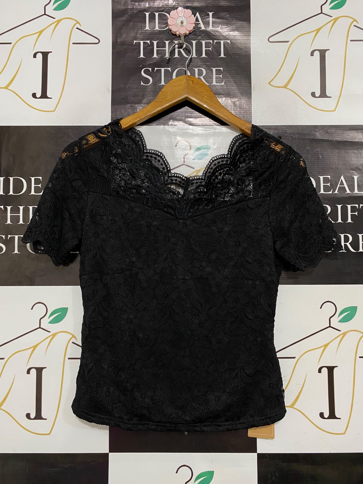 SHEIN |S| BUST 15| A24| CLASSIC BLACK FLORAL LACE SHORT-SLEEVE SCALLOPED NECK BLOUSE | ELEGANT SHEER-ACCENTED TOP