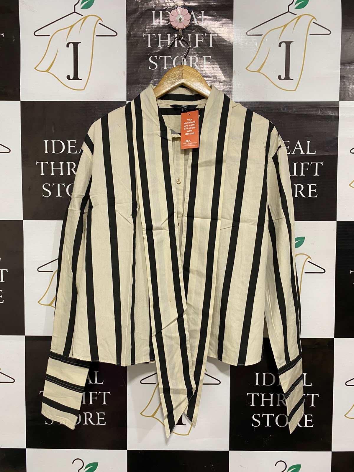 NEXT |L| BUST 23| A24| BLACK AND WHITE STRIPED LONG-SLEEVE TIE-FRONT SHIRT | CHIC CROPPED BUTTON-UP BLOUSE