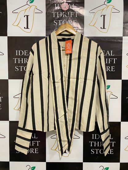 NEXT |L| BUST 23| A24| BLACK AND WHITE STRIPED LONG-SLEEVE TIE-FRONT SHIRT | CHIC CROPPED BUTTON-UP BLOUSE