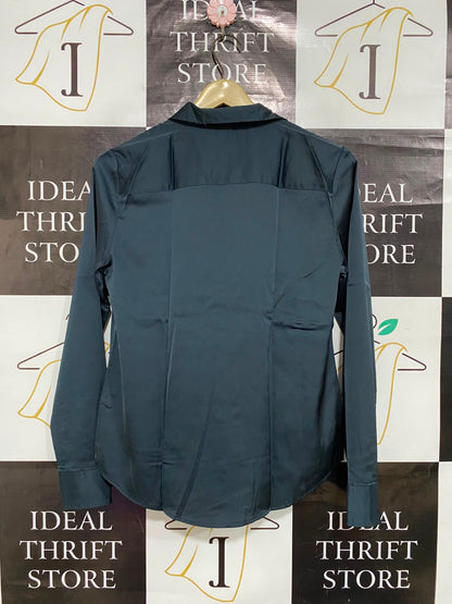 H&M |M| BUST 17| A24| DARK FOREST GREEN SATIN V-NECK LONG-SLEEVE BUTTON-UP BLOUSE | ELEGANT TAILORED SHIRT