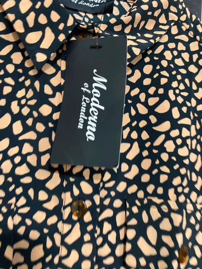 MODERNO |L| BUST 20| A24| BLACK AND PEACH ABSTRACT ANIMAL PRINT LONG-SLEEVE BUTTON-UP SHIRT | BOLD UTILITY BLOUSE