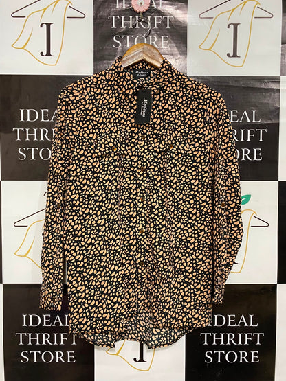 MODERNO |L| BUST 20| A24| BLACK AND PEACH ABSTRACT ANIMAL PRINT LONG-SLEEVE BUTTON-UP SHIRT | BOLD UTILITY BLOUSE