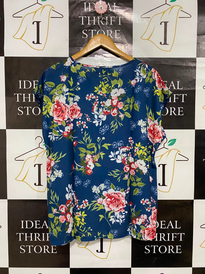 BONMARCHE |XL| BUST 24| A24| BLUE AND PINK FLORAL PRINT SHORT-SLEEVE CROCHET-ACCENT TOP | ELEGANT CASUAL BLOUSE
