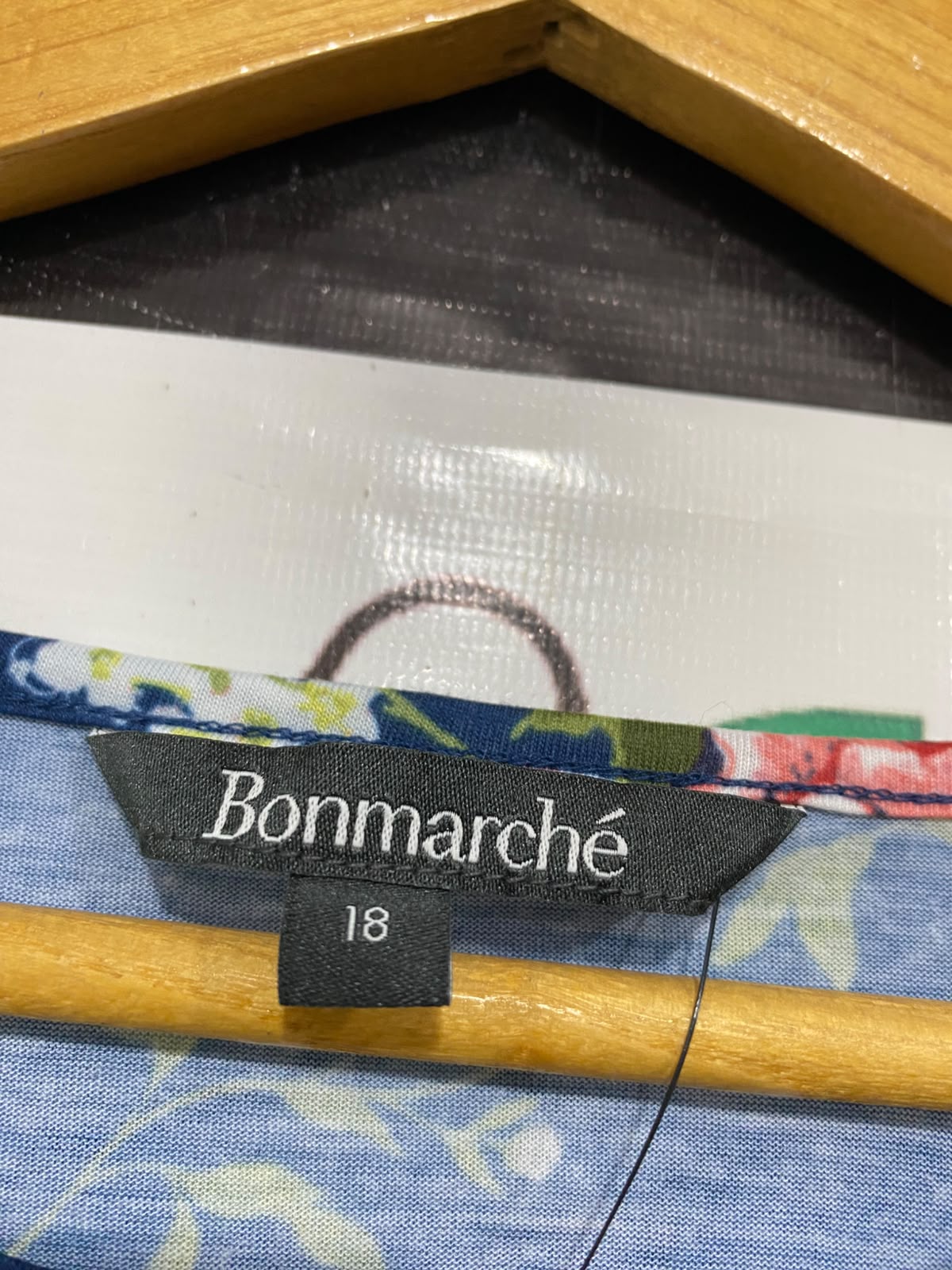 BONMARCHE |XL| BUST 24| A24| BLUE AND PINK FLORAL PRINT SHORT-SLEEVE CROCHET-ACCENT TOP | ELEGANT CASUAL BLOUSE
