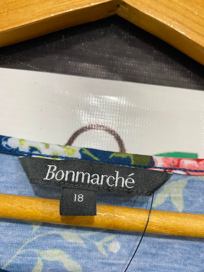 BONMARCHE |XL| BUST 24| A24| BLUE AND PINK FLORAL PRINT SHORT-SLEEVE CROCHET-ACCENT TOP | ELEGANT CASUAL BLOUSE