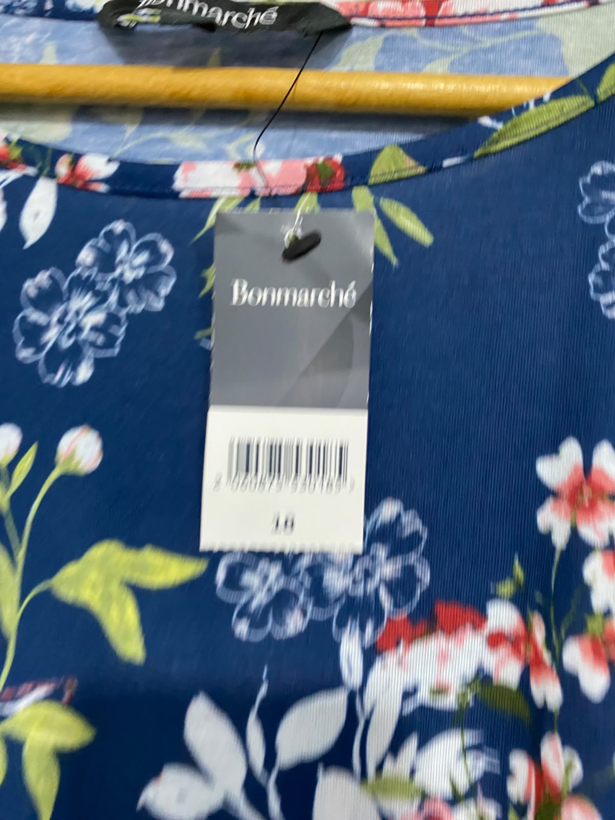 BONMARCHE |XL| BUST 24| A24| BLUE AND PINK FLORAL PRINT SHORT-SLEEVE CROCHET-ACCENT TOP | ELEGANT CASUAL BLOUSE