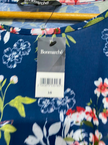BONMARCHE |XL| BUST 24| A24| BLUE AND PINK FLORAL PRINT SHORT-SLEEVE CROCHET-ACCENT TOP | ELEGANT CASUAL BLOUSE