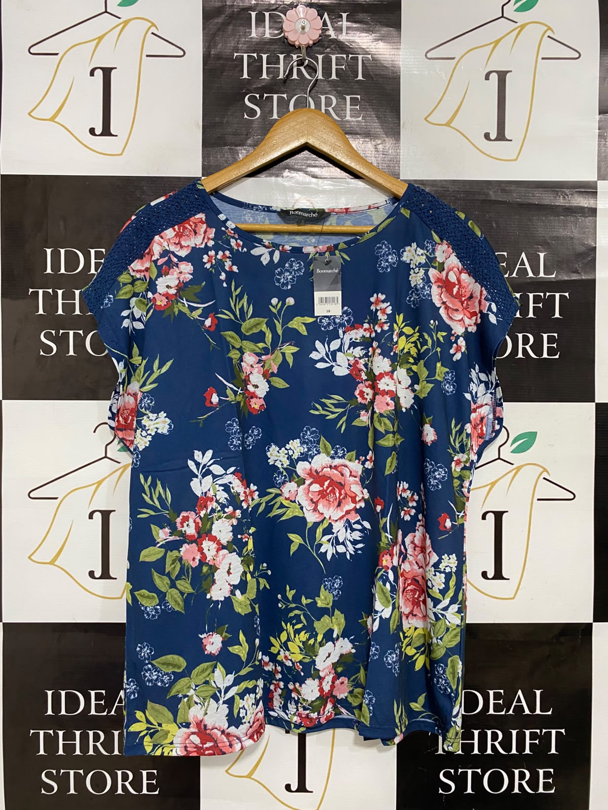 BONMARCHE |XL| BUST 24| A24| BLUE AND PINK FLORAL PRINT SHORT-SLEEVE CROCHET-ACCENT TOP | ELEGANT CASUAL BLOUSE