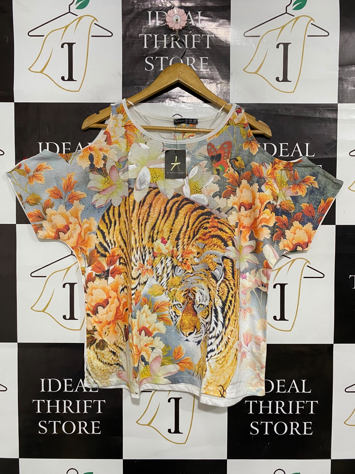 ATHSPHERE |L| BUST FREE| A23| TIGER AND FLORAL PRINT COLD-SHOULDER SHORT-SLEEVE TEE | BOLD STATEMENT BLOUSE