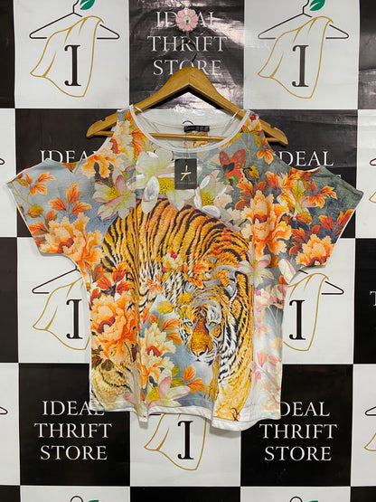ATHSPHERE |L| BUST FREE| A23| TIGER AND FLORAL PRINT COLD-SHOULDER SHORT-SLEEVE TEE | BOLD STATEMENT BLOUSE