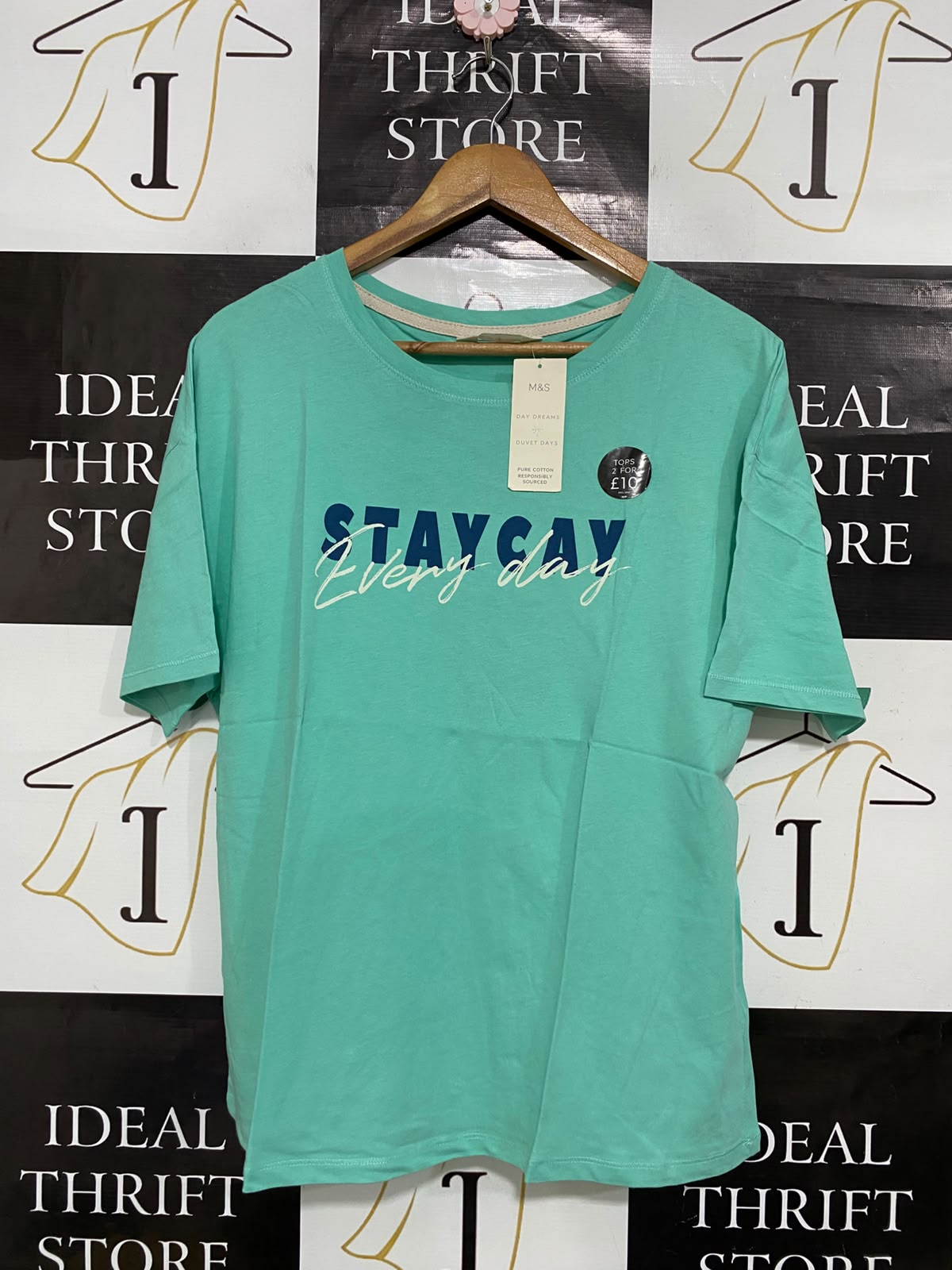 M&S |L| BUST 20| A23| MINT GREEN "STAYCAY EVERYDAY" GRAPHIC SHORT-SLEEVE T-SHIRT | CASUAL COTTON TEE