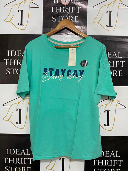 M&S |L| BUST 20| A23| MINT GREEN "STAYCAY EVERYDAY" GRAPHIC SHORT-SLEEVE T-SHIRT | CASUAL COTTON TEE