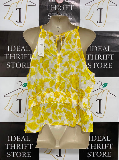 M&S |M| BUST 21| A23| SUNNY YELLOW AND WHITE FLORAL HALTER NECK PEPLUM TOP | SUNKISSED SLEEVELESS SUMMER BLOUSE