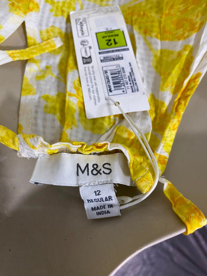 M&S |M| BUST 21| A23| SUNNY YELLOW AND WHITE FLORAL HALTER NECK PEPLUM TOP | SUNKISSED SLEEVELESS SUMMER BLOUSE