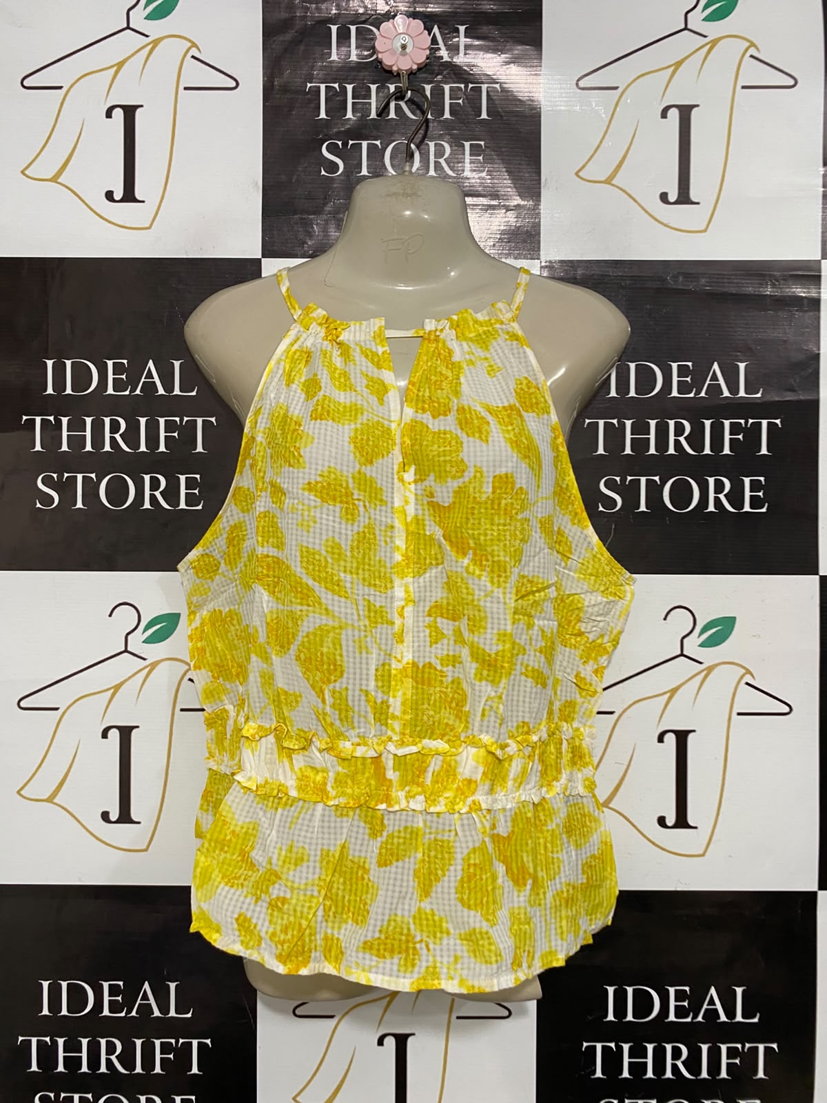 M&S |M| BUST 21| A23| SUNNY YELLOW AND WHITE FLORAL HALTER NECK PEPLUM TOP | SUNKISSED SLEEVELESS SUMMER BLOUSE