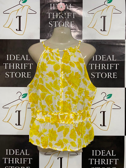 M&S |M| BUST 21| A23| SUNNY YELLOW AND WHITE FLORAL HALTER NECK PEPLUM TOP | SUNKISSED SLEEVELESS SUMMER BLOUSE