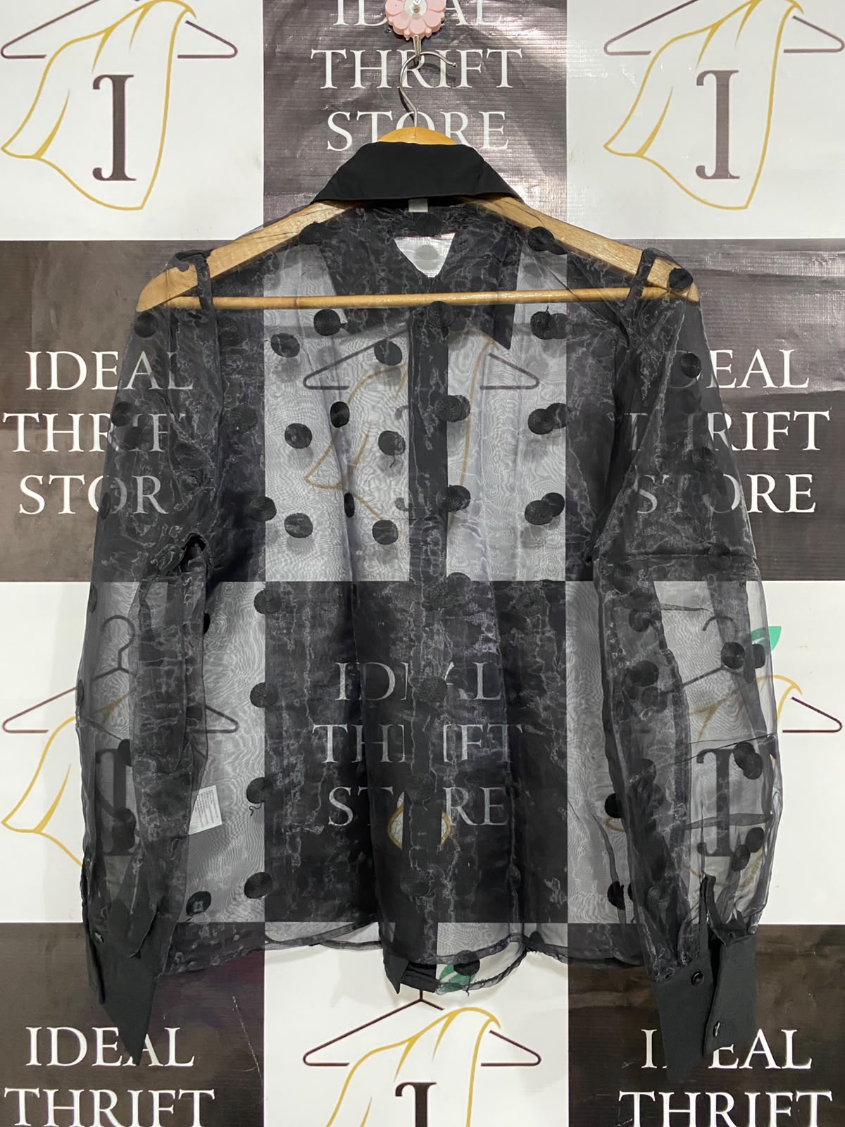 BLUE VANILLA |XS| BUST 19| A23| BLACK SHEER ORGANZA FLOCK DOT LONG-SLEEVE BUTTON-UP SHIRT