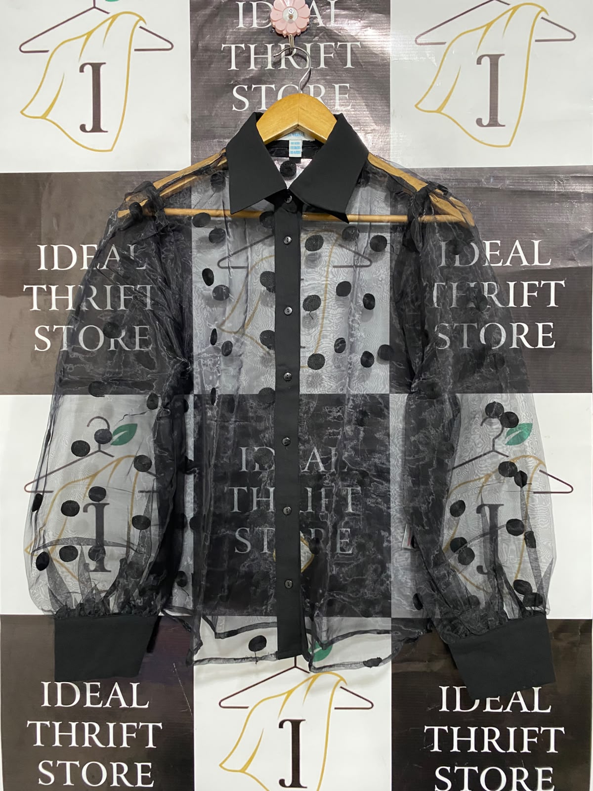 BLUE VANILLA |XS| BUST 19| A23| BLACK SHEER ORGANZA FLOCK DOT LONG-SLEEVE BUTTON-UP SHIRT