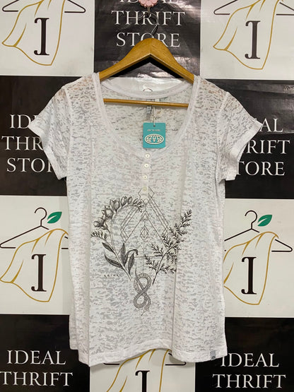 ANIMAL |XL| BUST 23| A23| ANIMAL WHITE BURNT-OUT GEOMETRIC BOTANICAL GRAPHIC HENLEY TEE