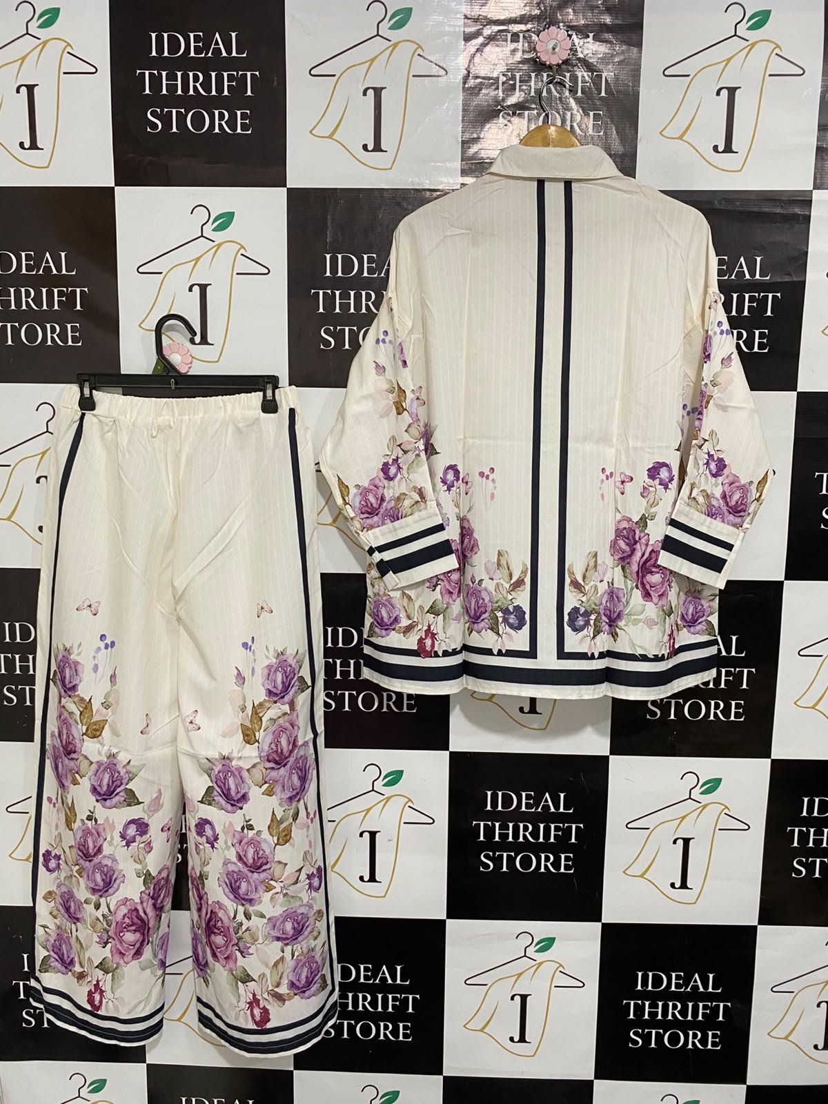 SHEIN |L| A23| IVORY AND PURPLE ROSE FLORAL STRIPED BUTTON-UP SHIRT AND WIDE-LEG TROUSER CO-ORD SET