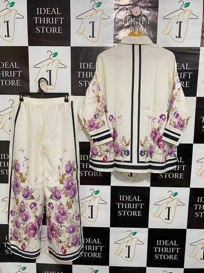SHEIN |L| A23| IVORY AND PURPLE ROSE FLORAL STRIPED BUTTON-UP SHIRT AND WIDE-LEG TROUSER CO-ORD SET