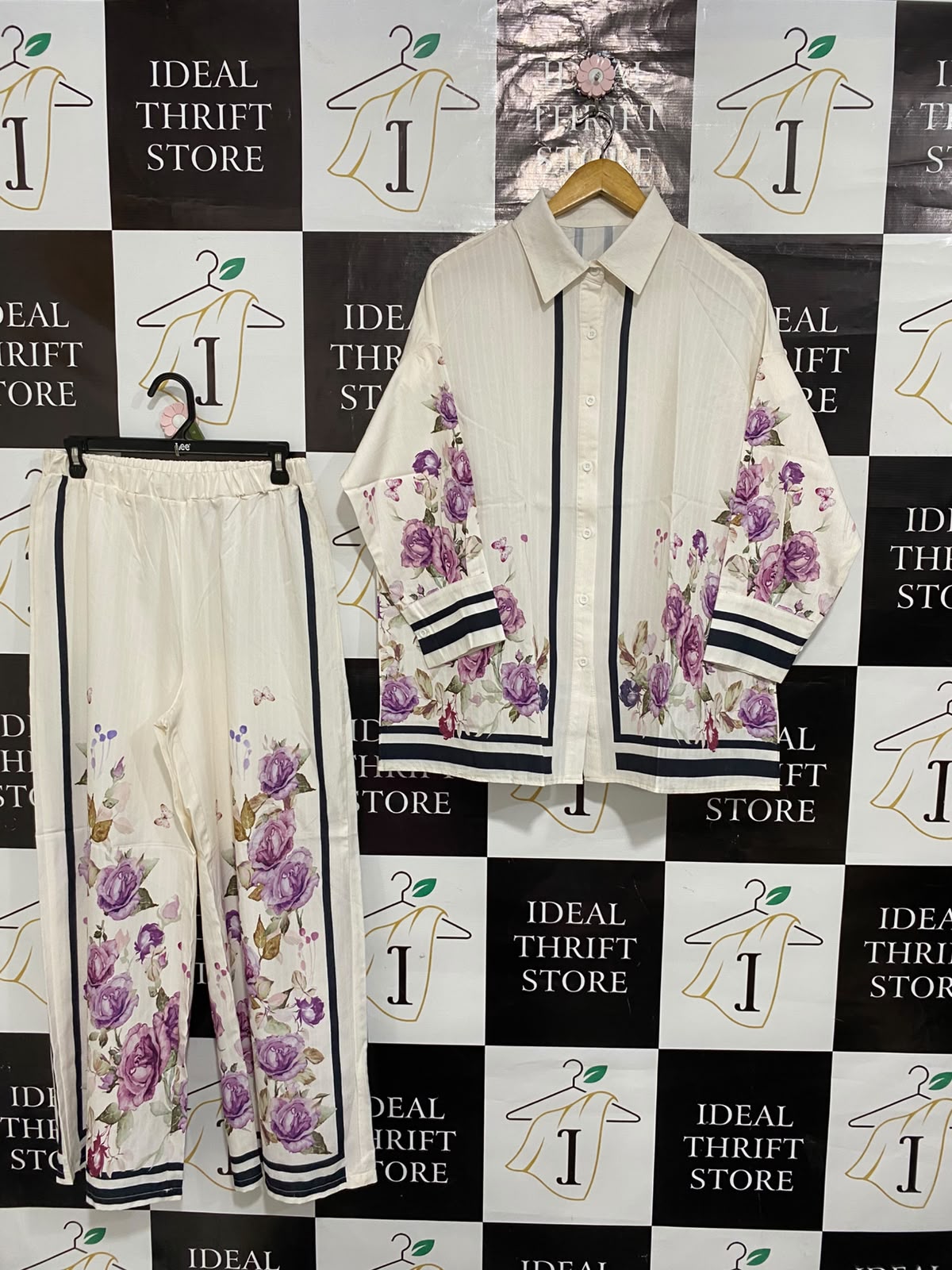 SHEIN |L| A23| IVORY AND PURPLE ROSE FLORAL STRIPED BUTTON-UP SHIRT AND WIDE-LEG TROUSER CO-ORD SET