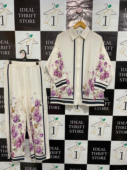 SHEIN |L| A23| IVORY AND PURPLE ROSE FLORAL STRIPED BUTTON-UP SHIRT AND WIDE-LEG TROUSER CO-ORD SET