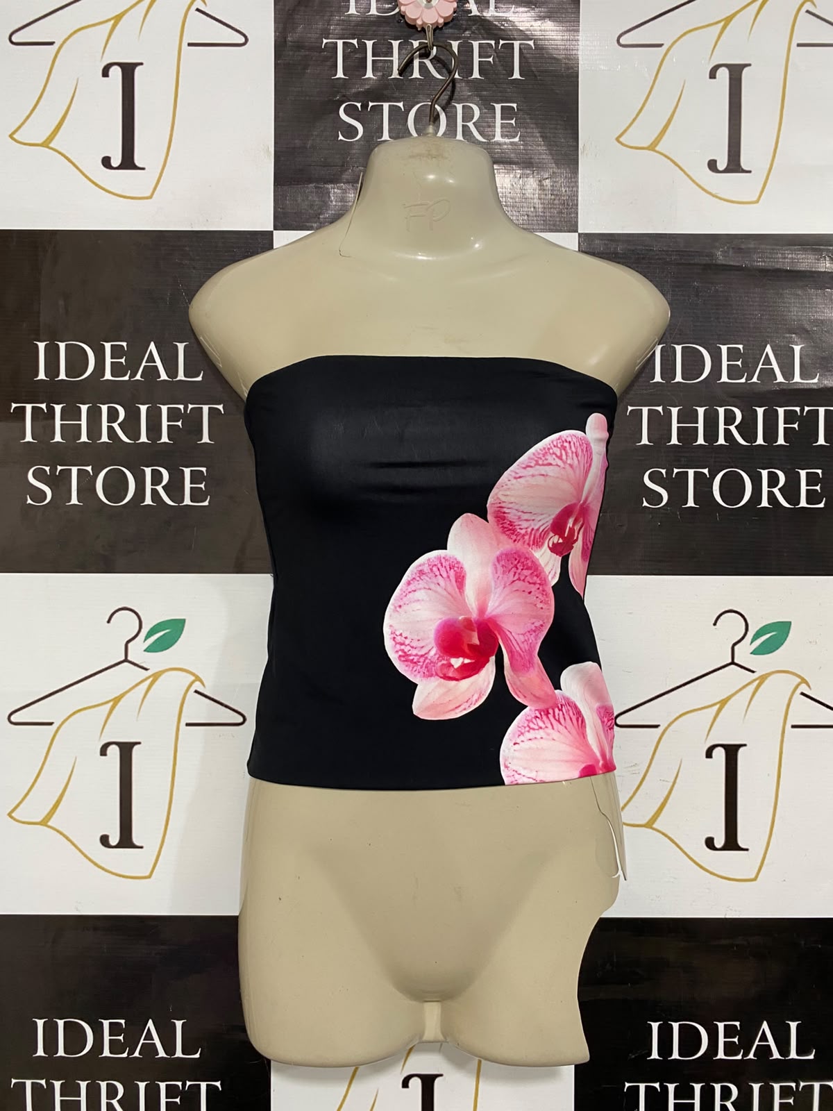 SUPRE |XS| BUST 12| A23| BLACK AND PINK ORCHID FLORAL STRAPLESS TUBE TOP | ELEGANT SLEEVELESS BODYCON CROP TOP