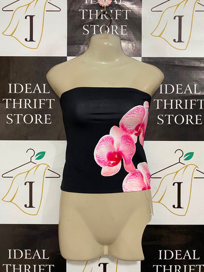 SUPRE |XS| BUST 12| A23| BLACK AND PINK ORCHID FLORAL STRAPLESS TUBE TOP | ELEGANT SLEEVELESS BODYCON CROP TOP