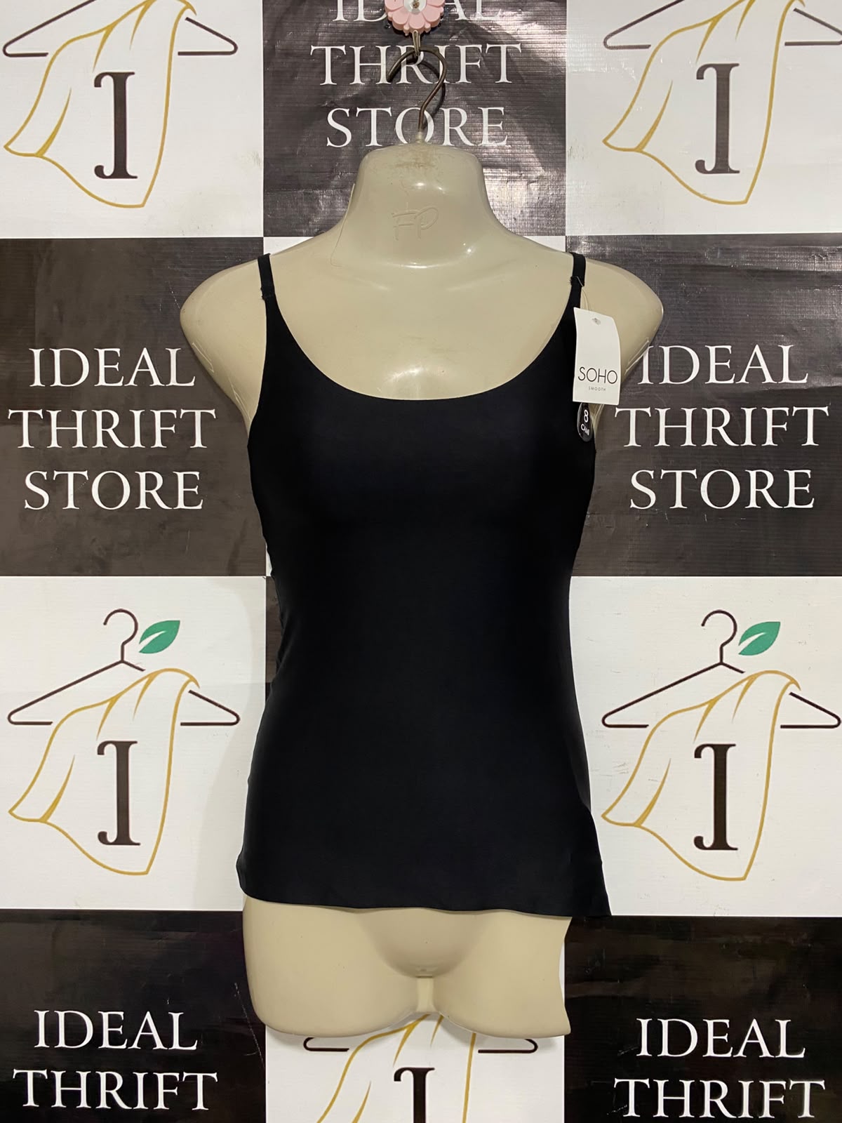 SOHO SMOOTH |XS| BUST 12| A23| BLACK SMOOTH SLEEVELESS CAMELLIA SPAGHETTI STRAP CAMISOLE TOP | ESSENTIAL LAYERED BASIC