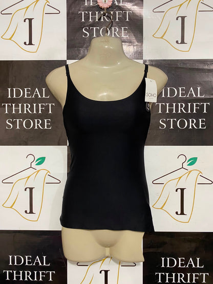 SOHO SMOOTH |XS| BUST 12| A23| BLACK SMOOTH SLEEVELESS CAMELLIA SPAGHETTI STRAP CAMISOLE TOP | ESSENTIAL LAYERED BASIC