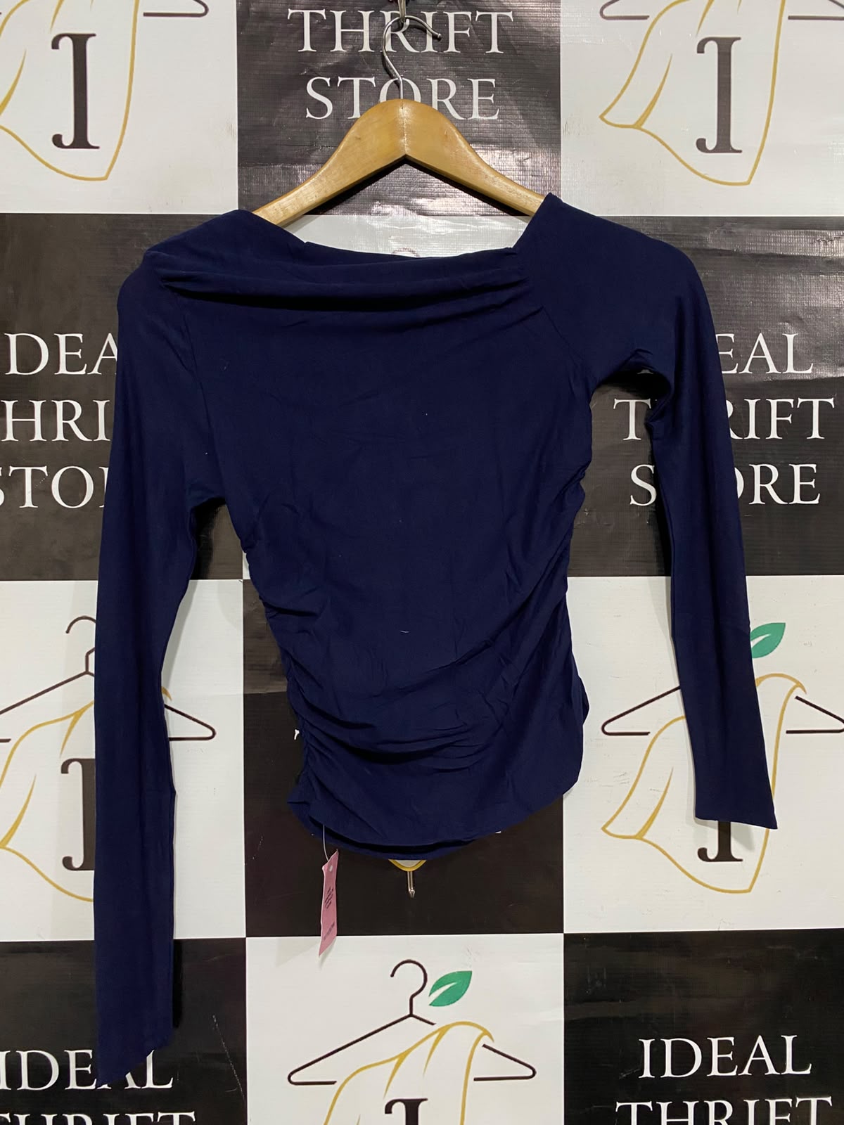 PRETTYLITTLE THING |XS| BUST 12| A23| DEEP NAVY BLUE ASYMMETRIC OFF-SHOULDER RUFFLED LONG-SLEEVE TOP | CHIC BODYCON BLOUSE